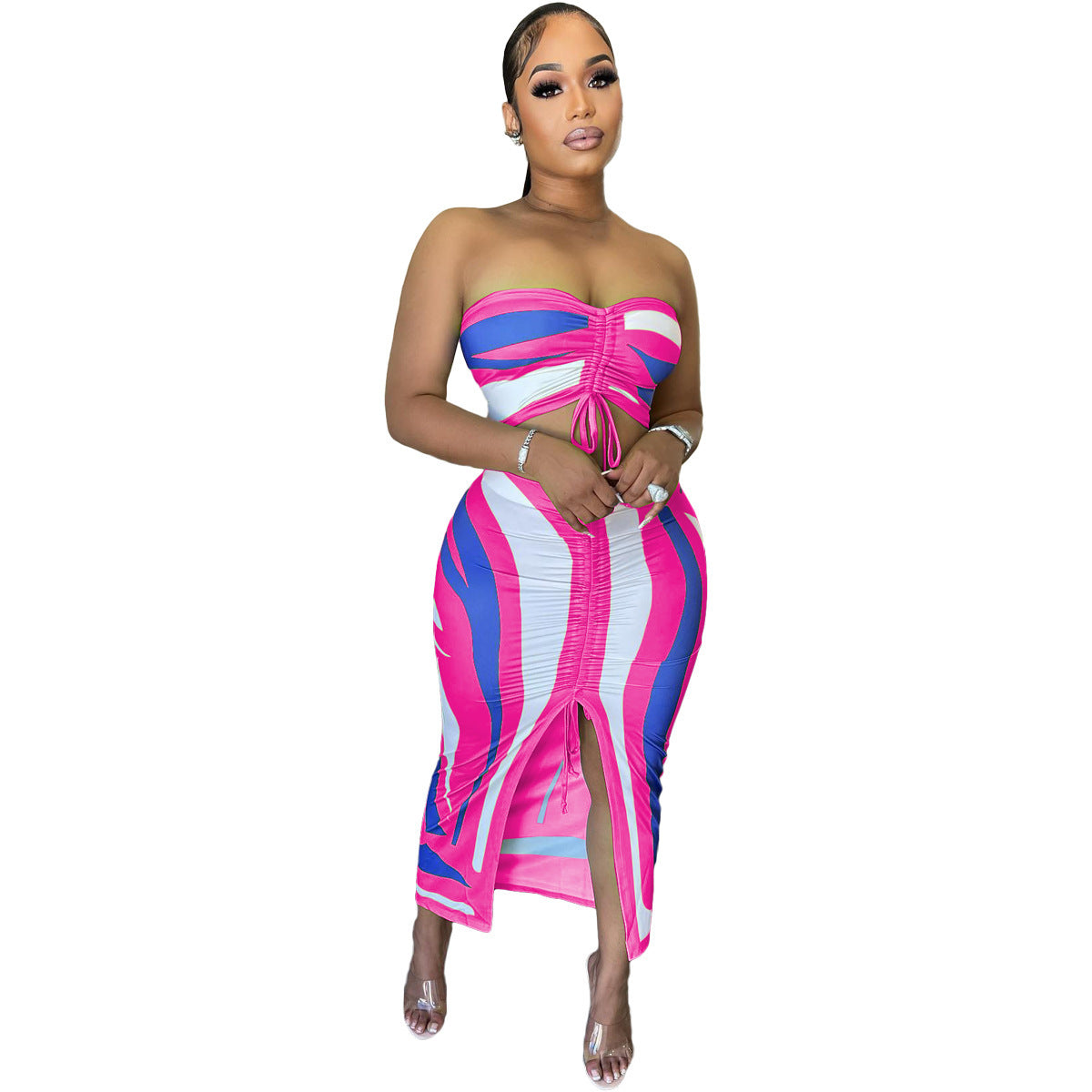 Striped Colorblock Print Sleeveless Tube Bra + High Slit Maxi Skirt 2-Piece Set