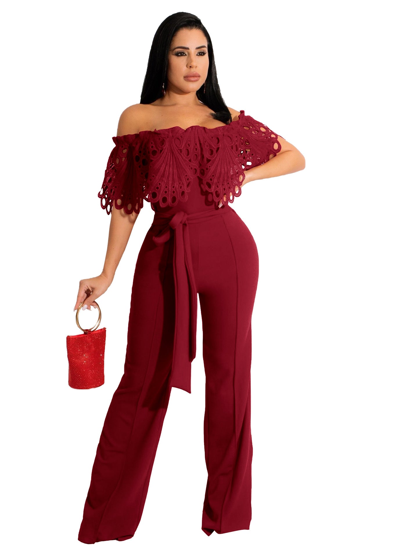 Ruffled Women's Off-the-Shoulder Sash Belted Jumpsuit