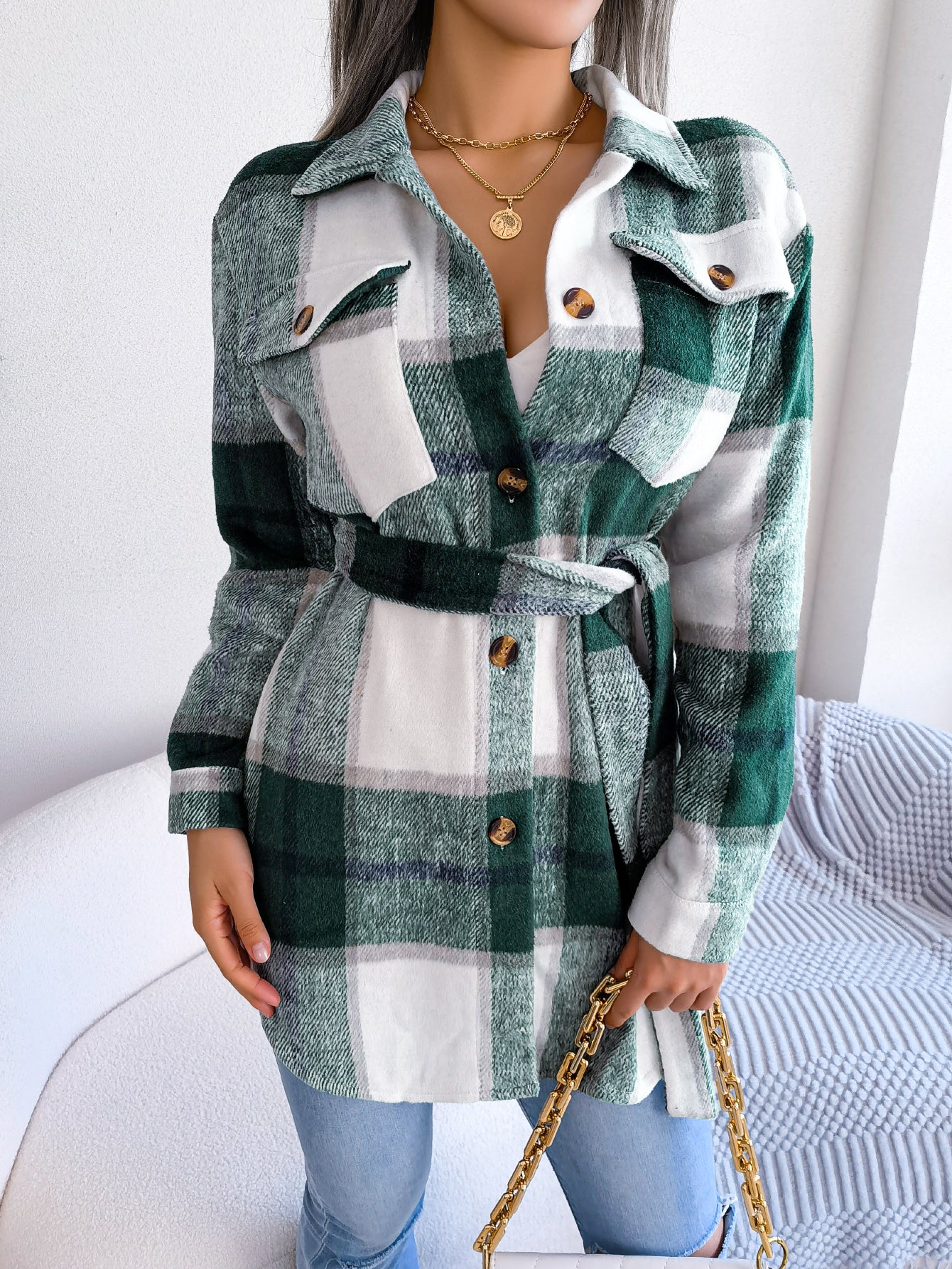 Women's Color-Blocked Plaid Long Sleeve Tie-Waist Thick Tweed Coat