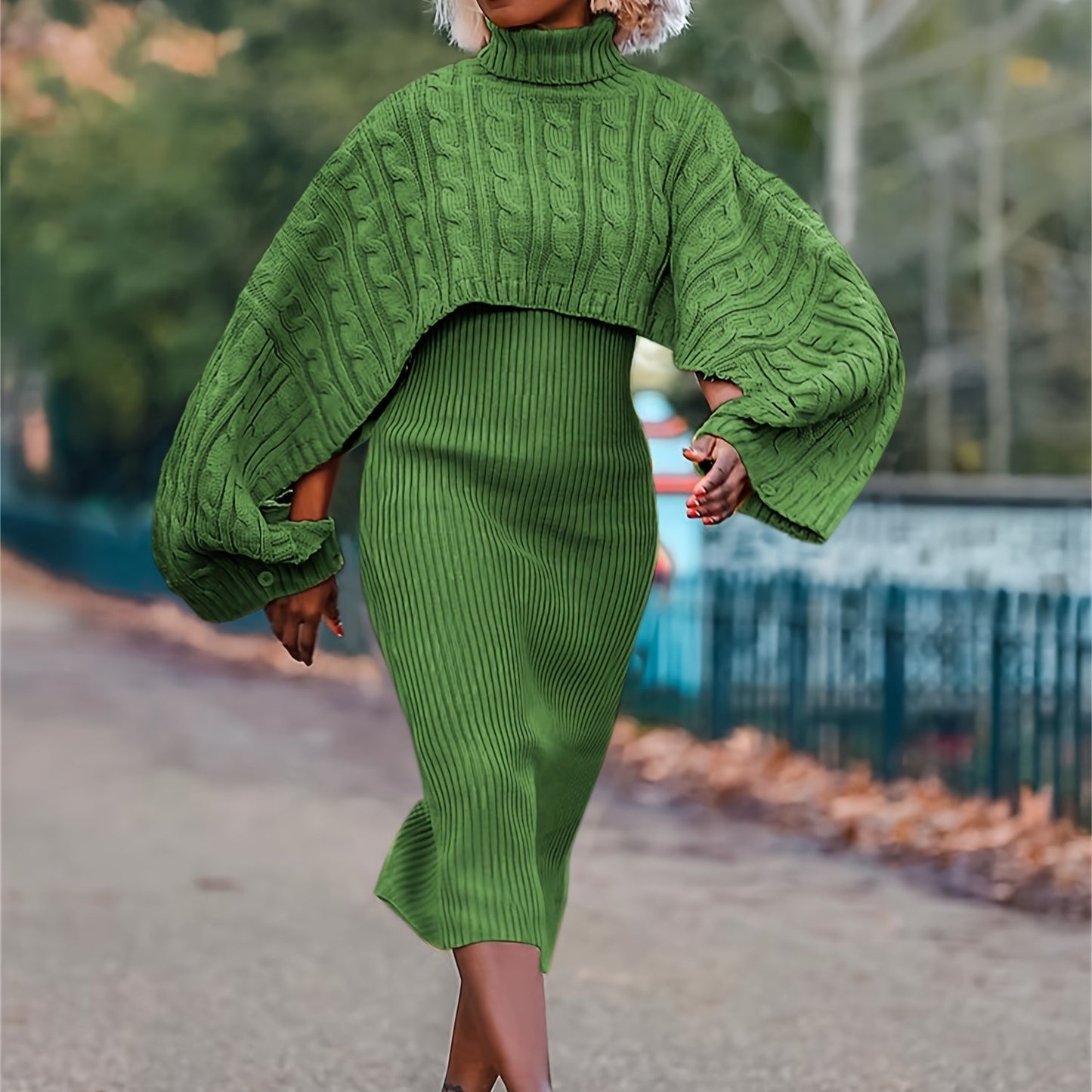 Turtleneck Knitted Weave Pattern Baggy Cape Sleeve Long Sleeve Sweater + Ribbed Tank Sweater Dress 2-Piece Set