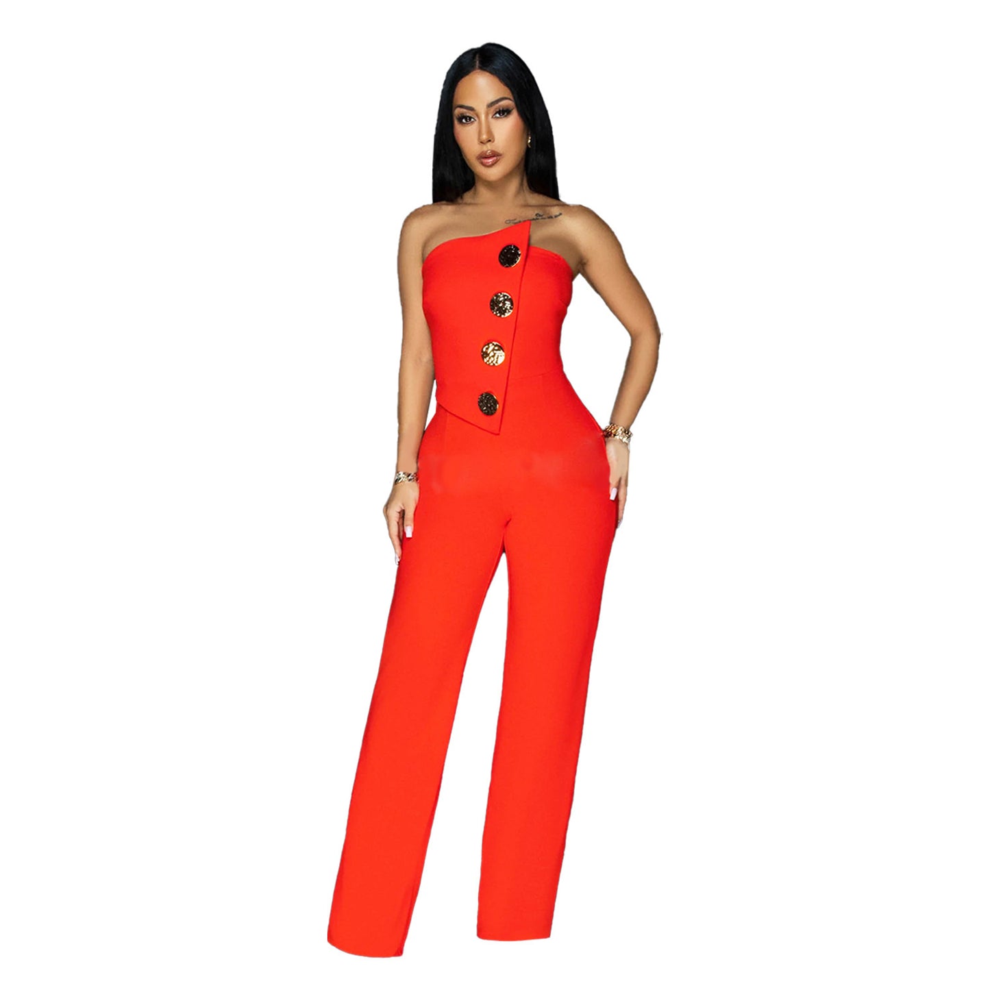 Sleeveless Big Button Detail Solid Color Women's Tube Top Jumpsuit