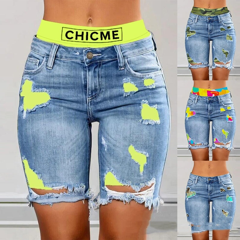 2-in-1 Colorblock Patchwork Ripped Women's Shorts