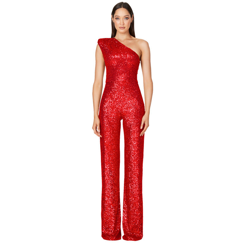 Sequin Sleeveless Sparkling Glitter Asymmetrical One Shoulder Women's Jumpsuit