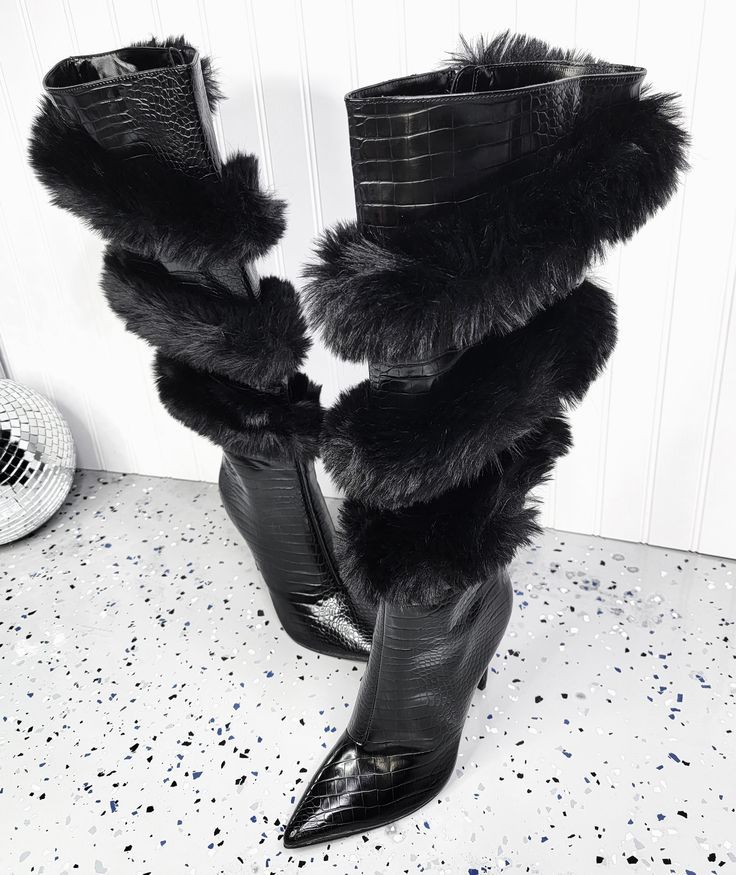 Leopard/Black Croc Print Spiral Faux Fur Wool Trim Pointed Toe Stiletto Heel Women's Knee-High Boots