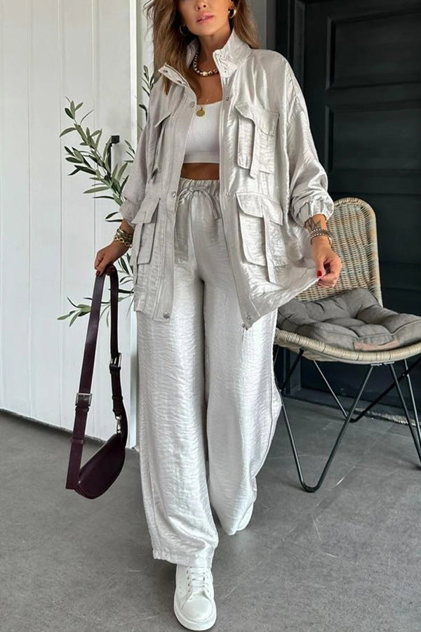 Cargo Multi-Pocketed Women's Button-Up Streetwear Jacket + Drawstring Pants Solid Color 2-Piece Set