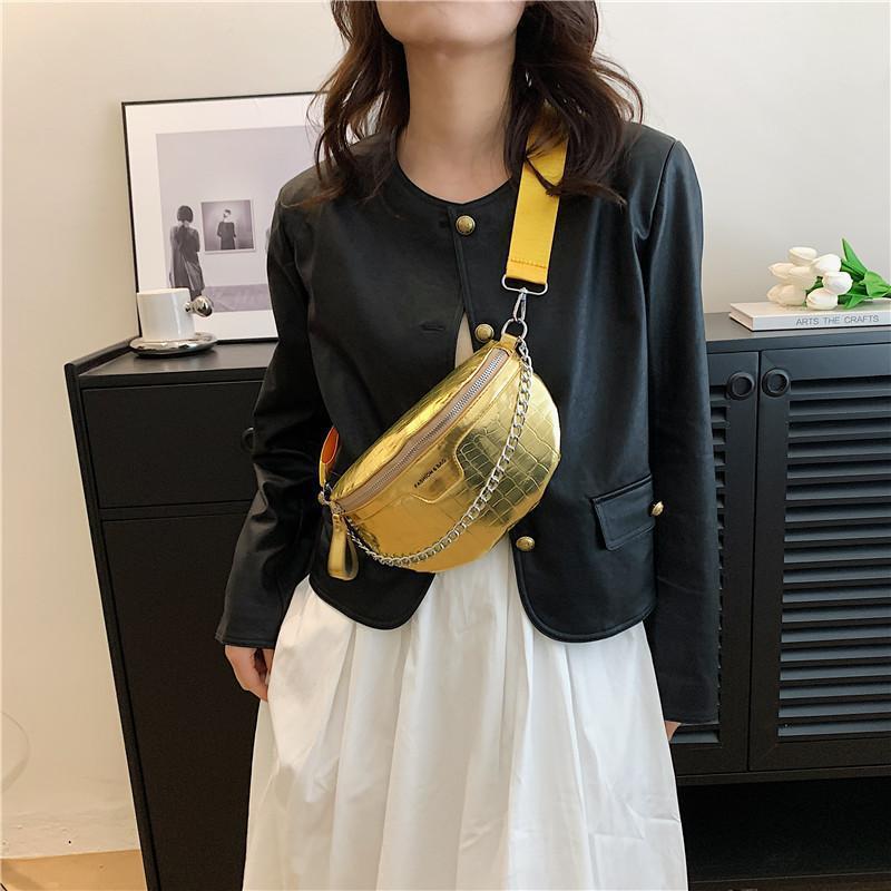 PU Leather Metallic Solid Color Women's Crossbody Zipper Belt Bag