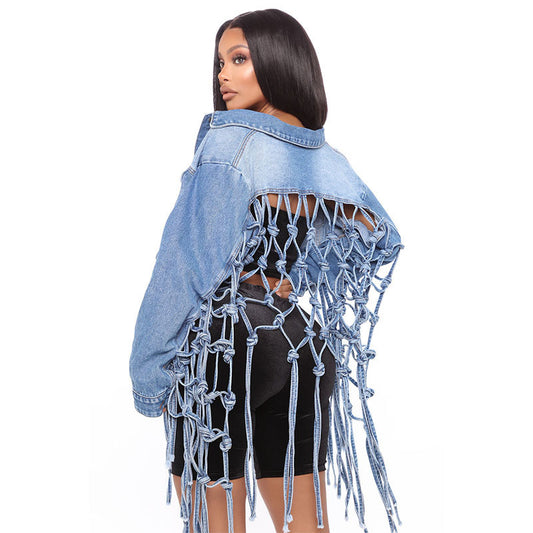 Denim Mesh Knotted Tassel Fringe Net Back Design Women's Jean Jacket to 3X Plus Size