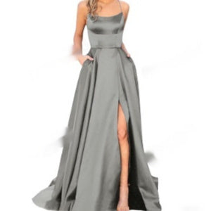 Silk Solid Color Halter Spaghetti Strap High Slit Bridesmaid/Party Formal Dress to 3X Plus Size