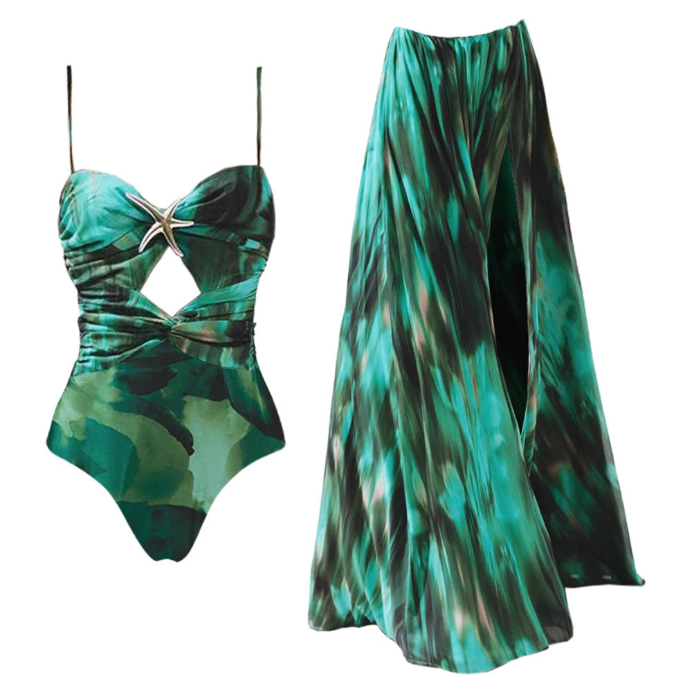 Black/Green Printed Gold Starfish Pendant Decor One-Piece Hollow-Out Swimsuit w/ Maxi Sarong Skirt 2-Piece Swimwear Set