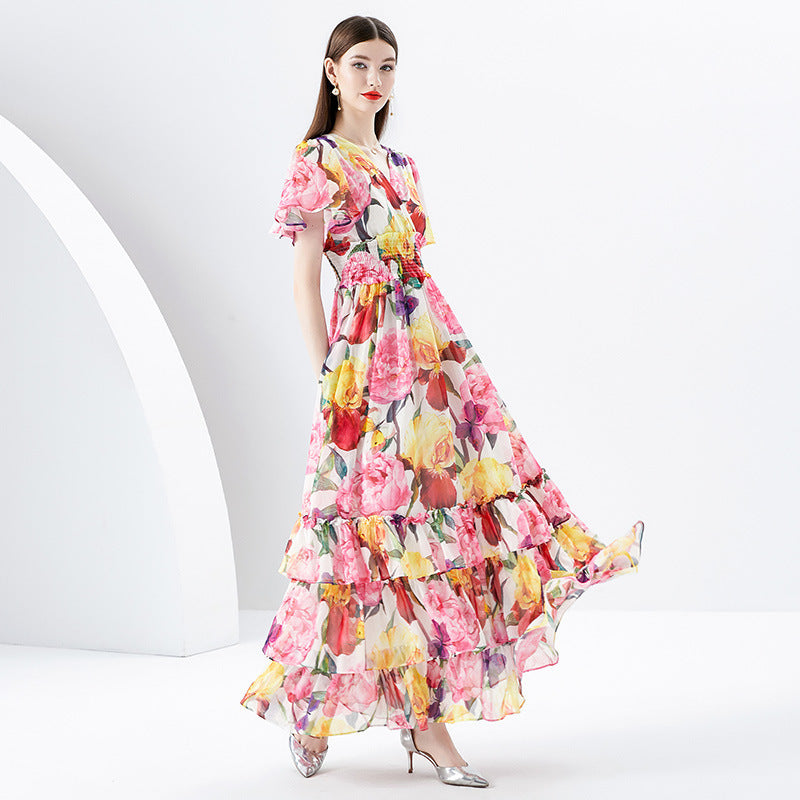 Rose Flower Multi-Colored Print Short Sleeve V-Neck Tiered Ruffled Maxi Dress