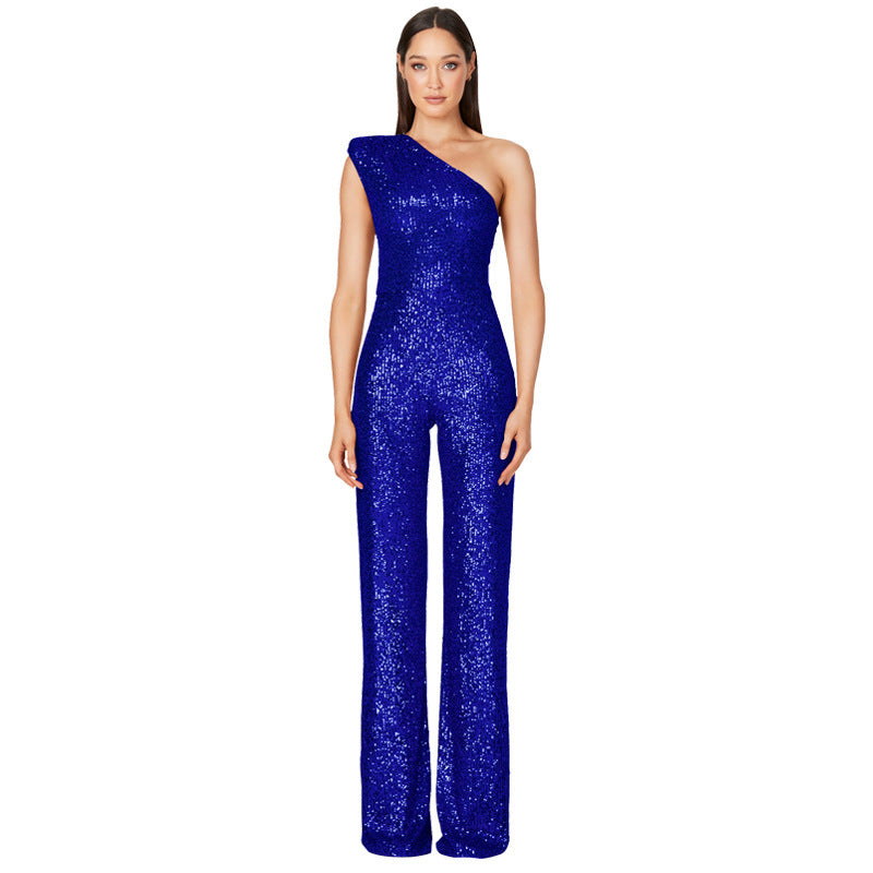 Sequin Sleeveless Sparkling Glitter Asymmetrical One Shoulder Women's Jumpsuit
