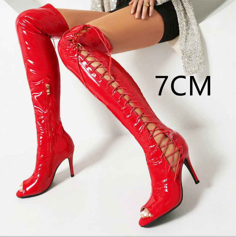 Patent Leather Peep Toe Lace-Up Women's Stiletto Heel Over-the-knee Boots