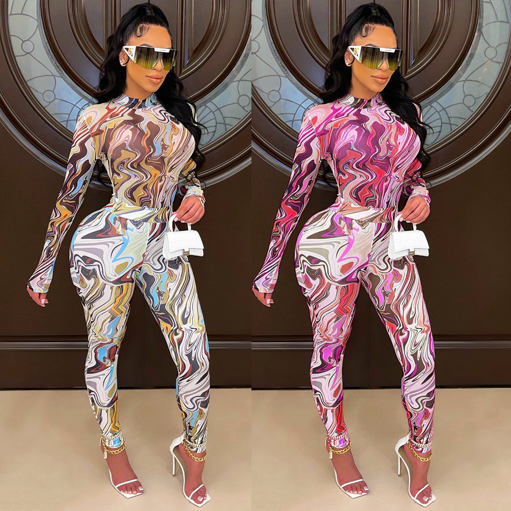 Swirl Multi-Colored Print Long Sleeve Women's Top + Leggings 2-Piece Set