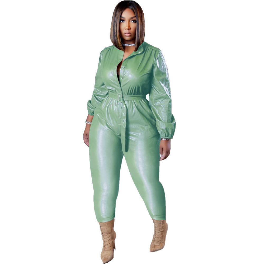 PU Leather Women's Long Sleeve Button-Up Cinched Waist Sash Belted Jumpsuit