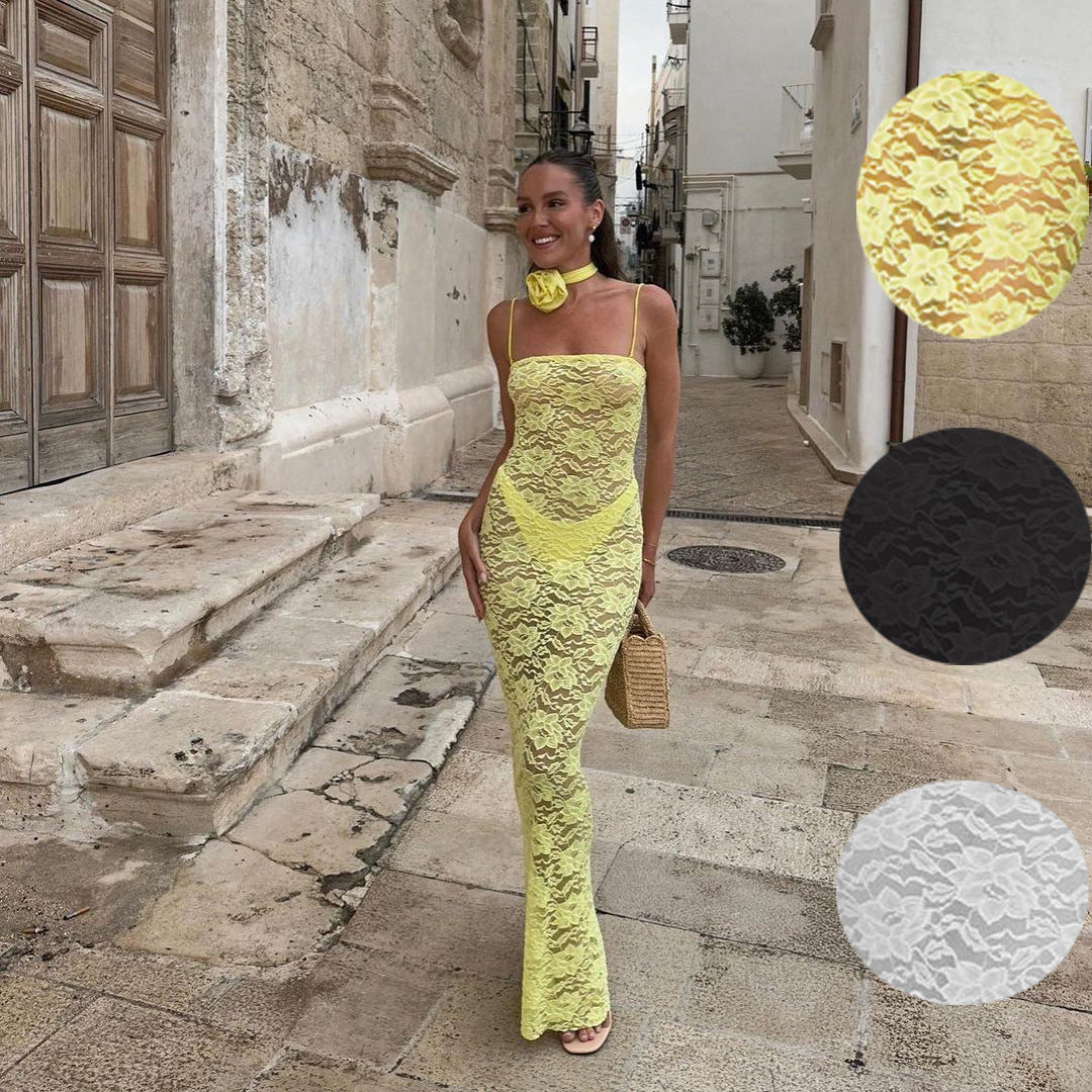 Lace Flower Collar Design Transparent Mesh Sleeveless Spaghetti Strap Formal Maxi Dress