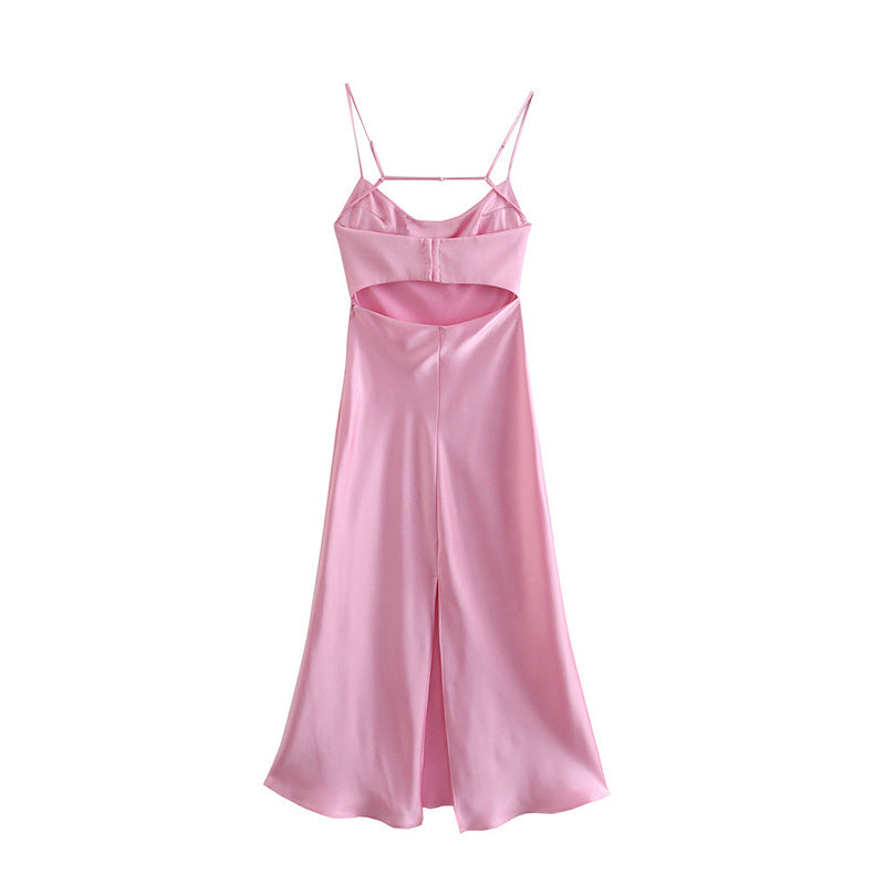 Pink Satin Solid Color Spaghetti Strap Maxi Formal Party Prom Dress