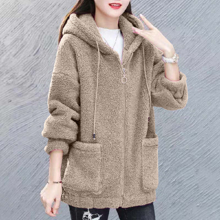 Fleece Solid Color Loose Women's Zipper Hoodie Jacket