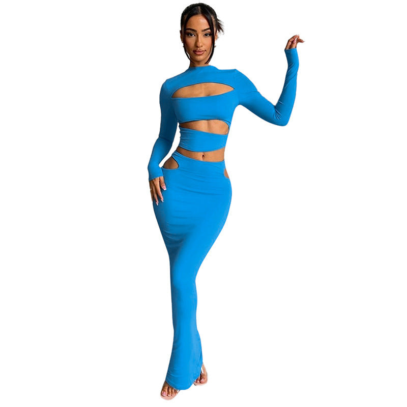 Neon Blue Hollow-Out Long Sleeve Women's Crop Top + Skinny Maxi Skirt 2-Piece Set