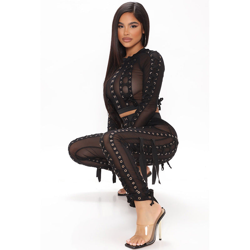 Transparent Mesh Hollow-Out Pattern Long Sleeve Crop Top + Breathable Leggings Women's 2-Piece Set