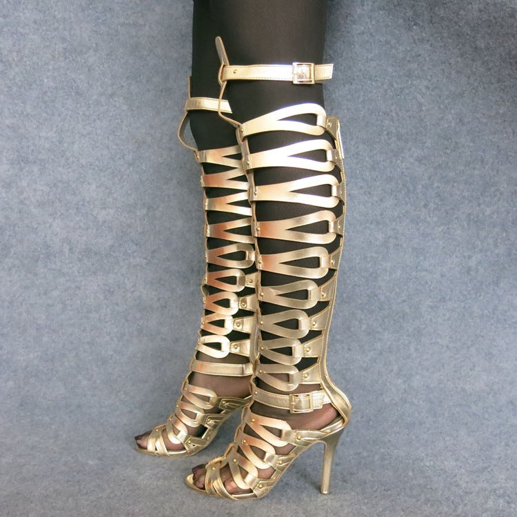 Hollow-Out Punk Rivet Design Open Toe High Heel Boots