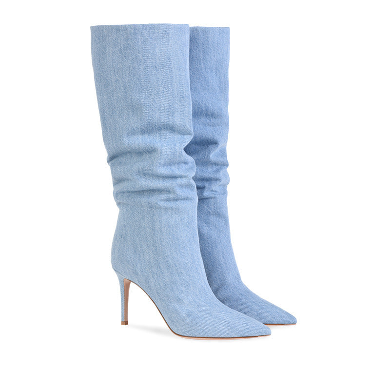 Denim Light Blue Ruched High Heel Women's Knee-High Jean Boots