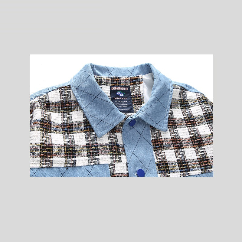 Men's Denim "Original Plaid Checker Colorblock Button-Up Letter Print Jean Jacket