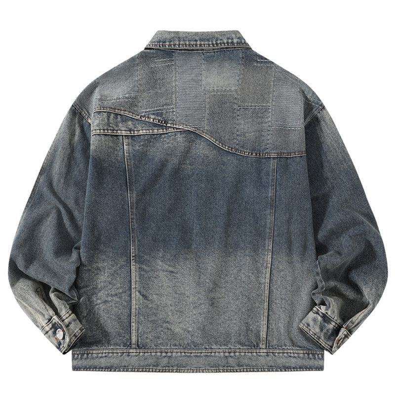 Men's Washed Denim Ripped Gradient Colorblock  Button Front Jean Jacket