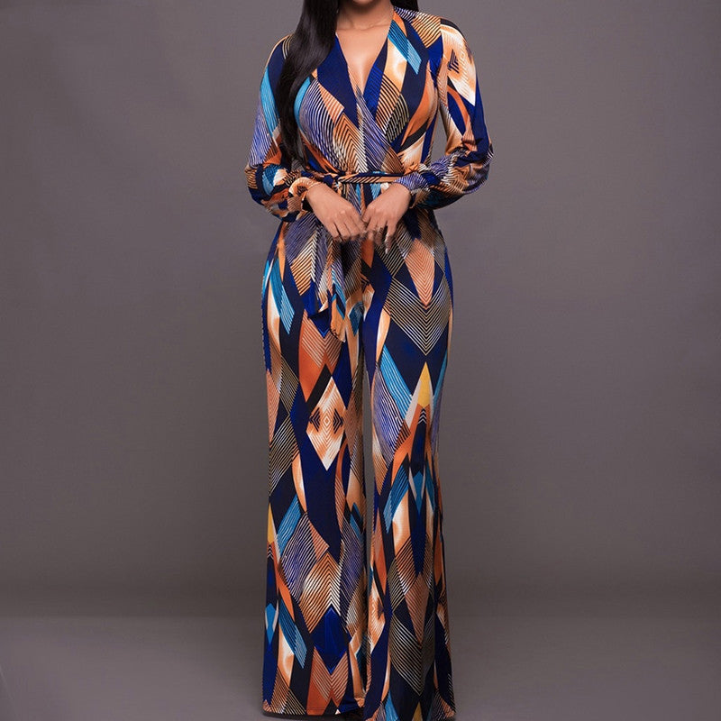 Colorblock Geometric Digital Print V-Neck Long Sleeve Women's Sash Belted Jumpsuit