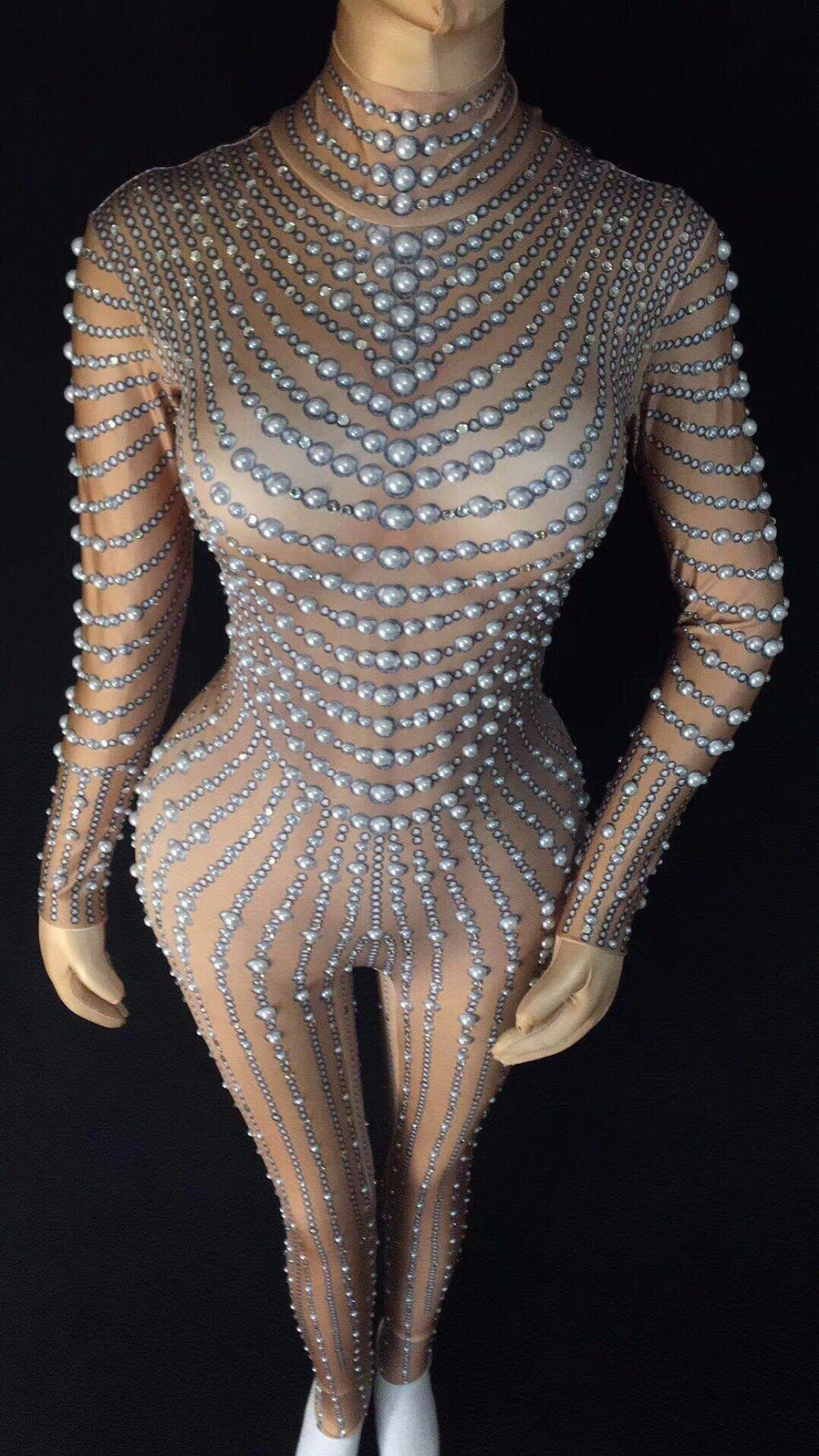 Pearl Beaded Embellished Flesh Tone Mock Neck Long Sleeve Stretch Zipper Back Women's Stage Performance Formal Jumpsuit