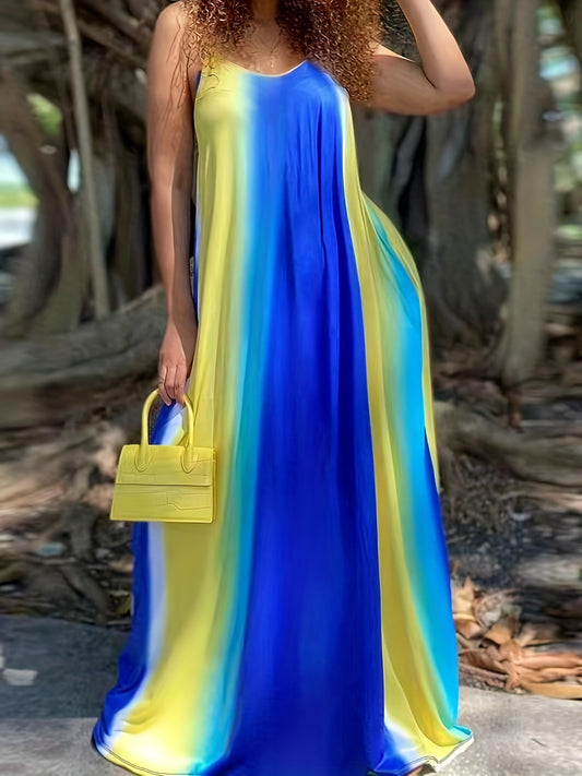 Oversized Tie-Dye Striped Colorblock V Neck Flowing Spaghetti Strap Slingback Maxi Dress to 8X Plus Size