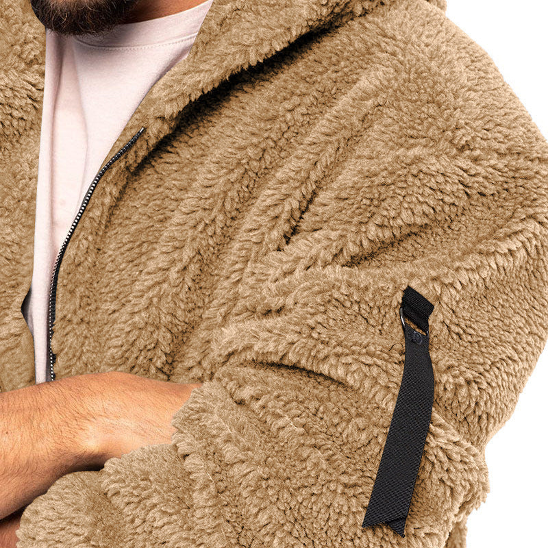 Men's Zipper Sleeve Design Plush Fleece Solid Color Reversible Teddy Hoodie Jacket