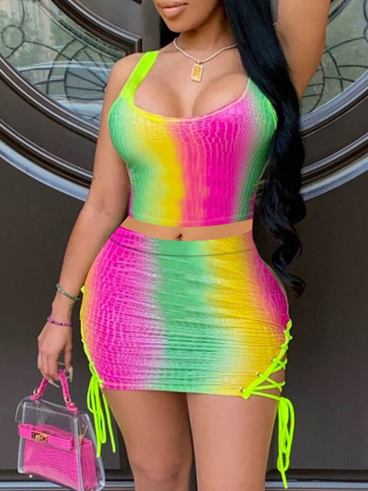 Hot Pink/Yellow/Green Rainbow Striped Sleeveless Halter Crop Top + Drawstring Mini Skirt 2-Piece Set