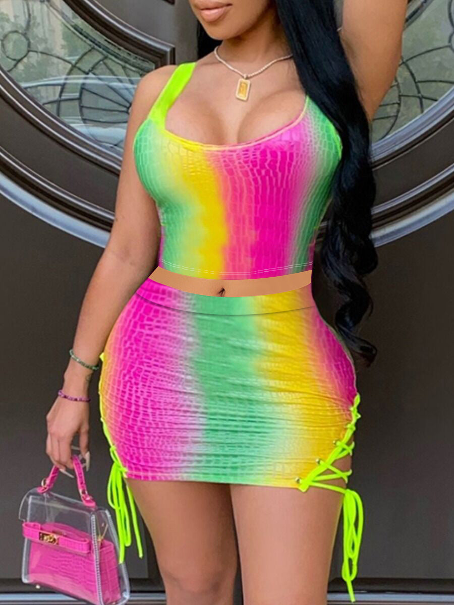 Hot Pink/Yellow/Green Rainbow Striped Sleeveless Halter Crop Top + Drawstring Mini Skirt 2-Piece Set