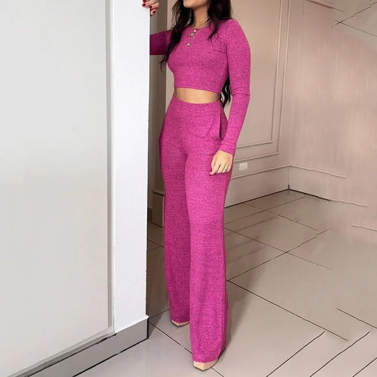 Fuschia Long Sleeve Crop Top + Pants Women's 2-Piece Set