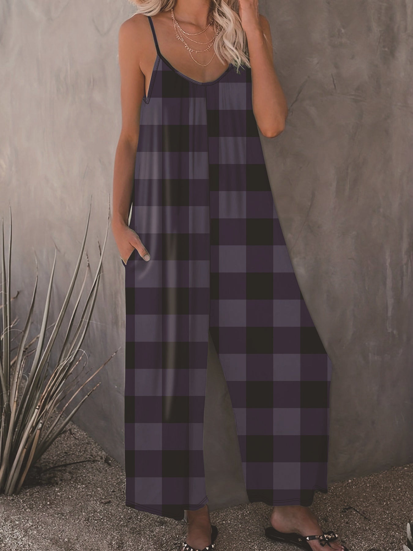 Checker Plaid Colorblock Women's Sling Spaghetti Strap Wide Leg Jumpsuit to 5X Plus Size