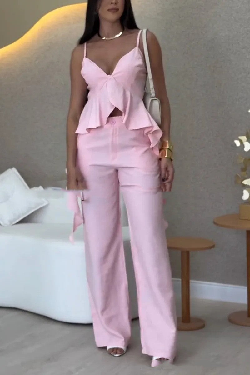 Ruffled Solid Color V-Neck Maxi Tank Top + Matching Leggings Women's 2-Piece Set