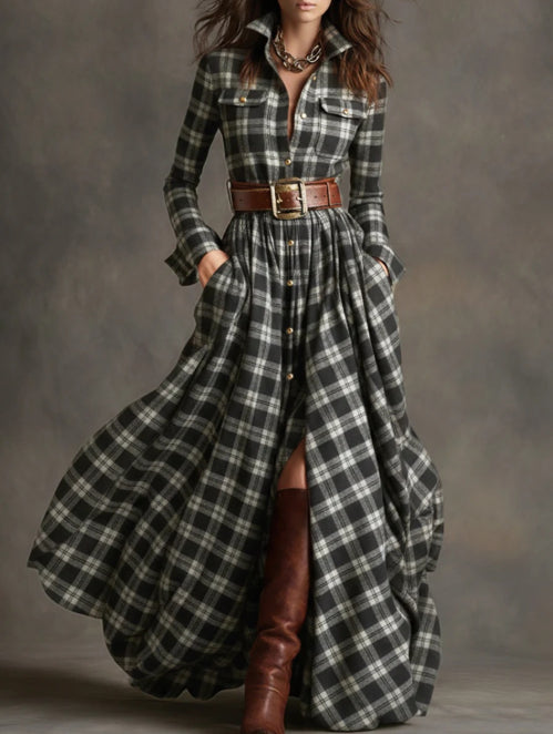 Oversized Plaid Print Long Sleeve Pocketed Turn-Down Collar Button-Up Big Swing Maxi Dress to 4X Plus Size