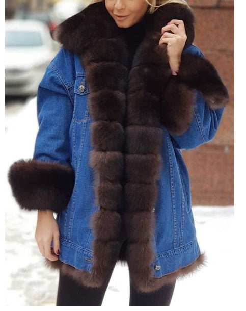 Denim White/Brown/Khaki Faux Fur Lined Collar 3/4 Length Women's Long Sleeve Jean Coat to 5X Plus Size
