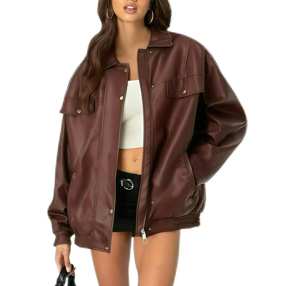 PU Leather Double Pocket Button-Up Design Turn-Down Collar Women's Loose Biker Motorcycle Jacket