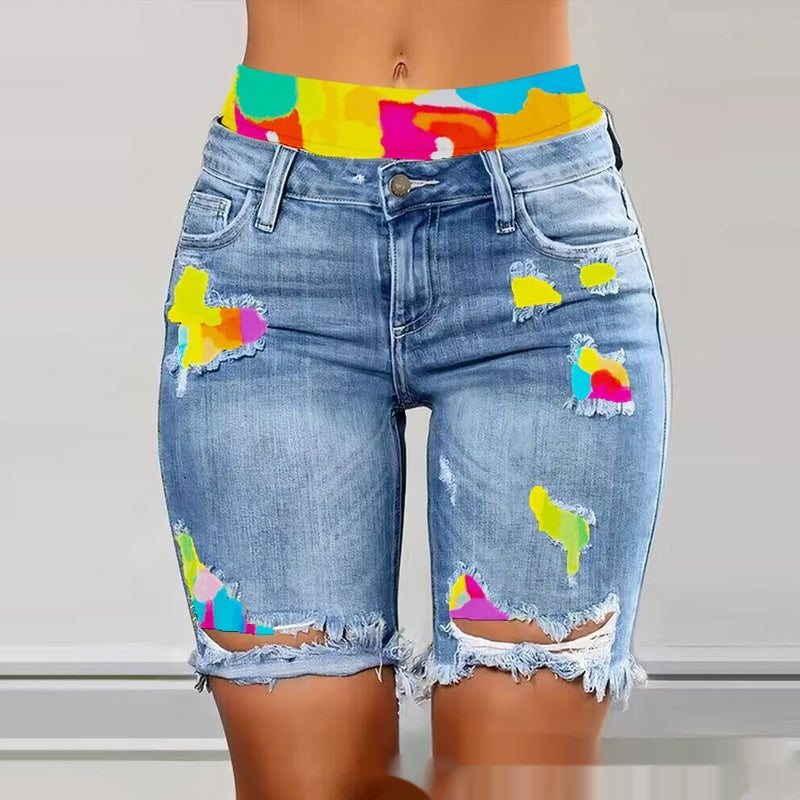 2-in-1 Colorblock Patchwork Ripped Women's Shorts