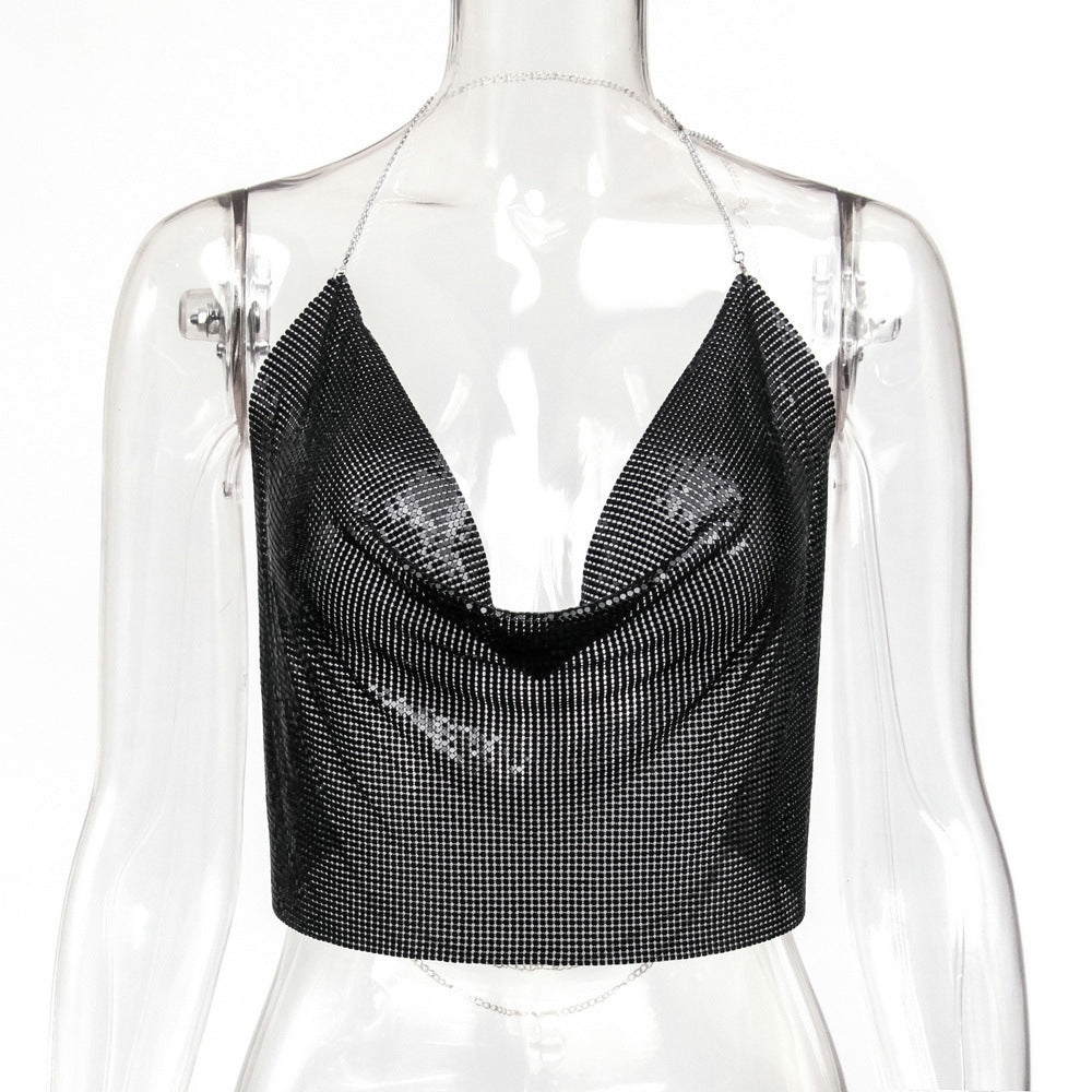 Sleeveless Backless Metal Sequin Leopard/Solid Halter Strap Women's Tank Top