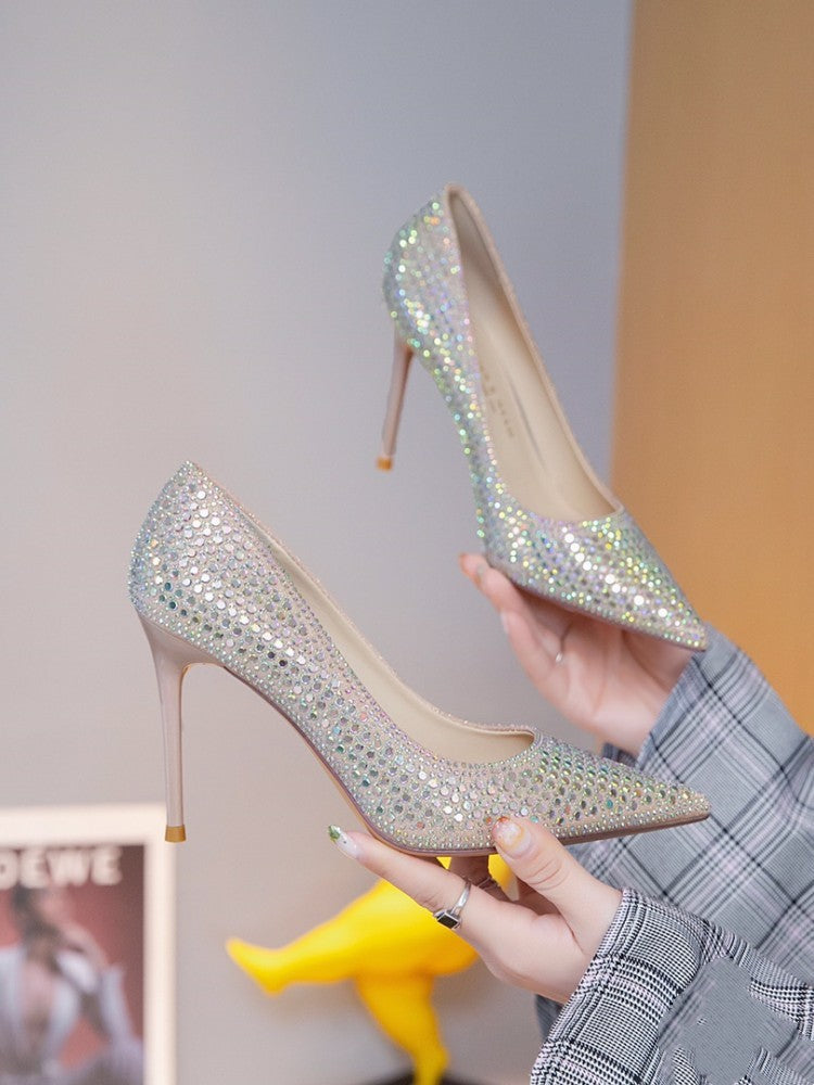 Metallic Diamond Decor Pointed Toe Stiletto Heel Women's Pumps
