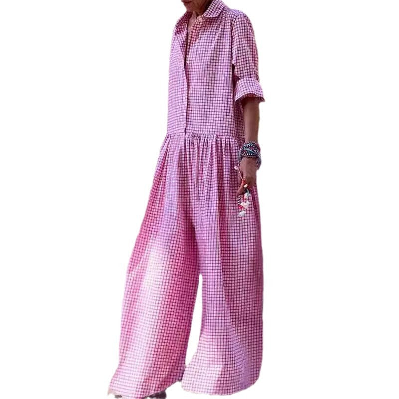 Plaid Print Oversized Turn-Down Collar Long Sleeve Pleated Women's Wide Leg Jumpsuit to 3X Plus Size