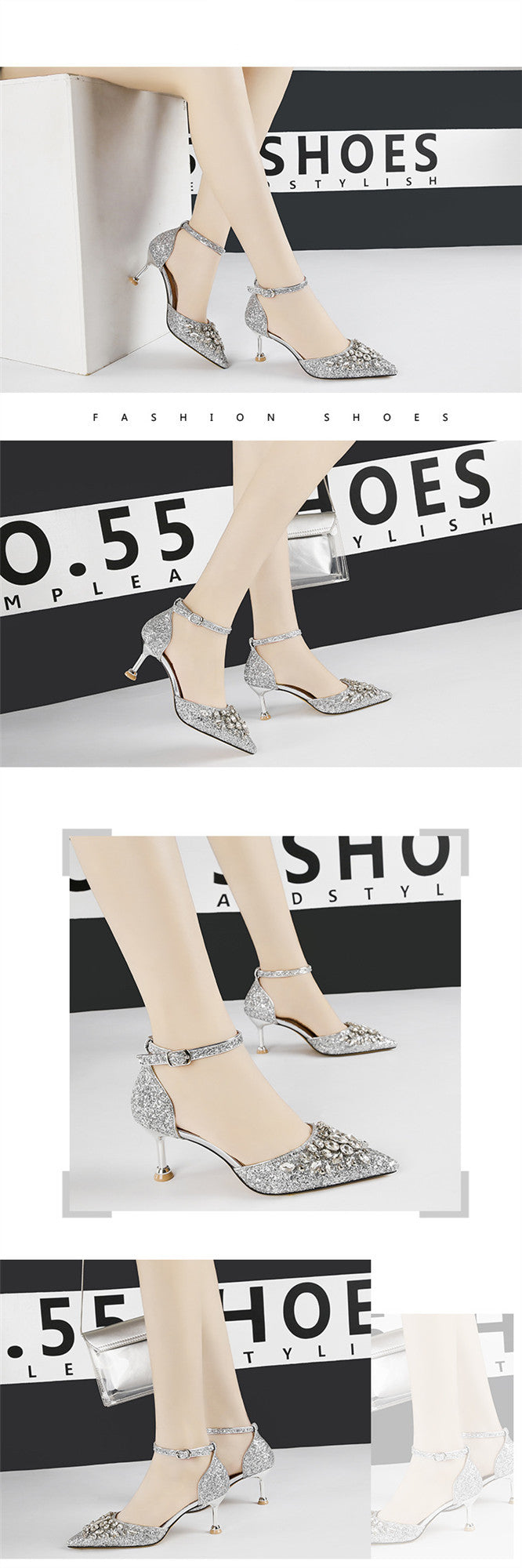 Rhinestone Metallic Glitter Slingback Ankle Strap Women's Pointed Toe High Heel Mule Pumps