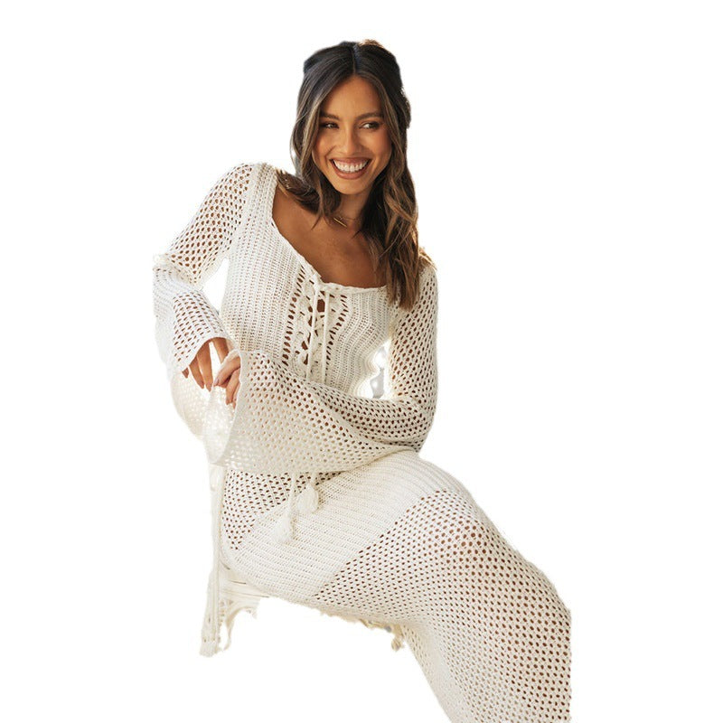 Crochet Knitted Transparent Women's Solid Color Hollow-Out Lace-Up Cardigan Sweater+ Maxi Skirt 2-Piece Set