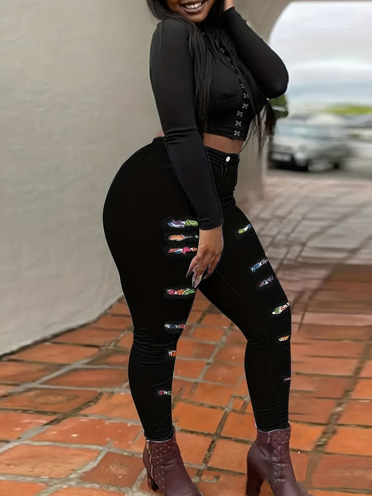 Denim Black Women's Hollow-Out Patch Hole Design Skinny Jeans to 4X Plus Size