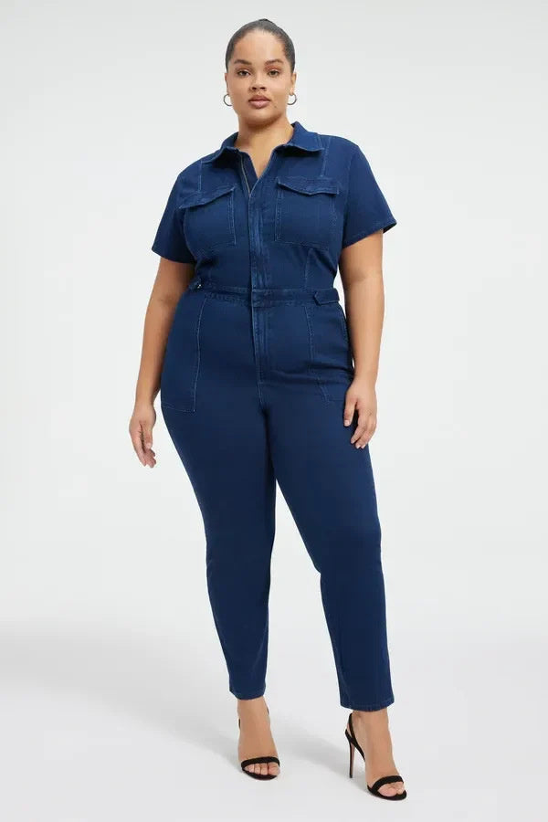 Denim Short Sleeve Women's Zipper Cargo Skinny Jumpsuit to 3X Plus Size