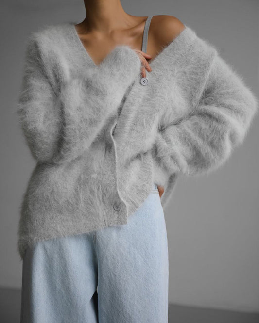 Fuzzy Soft Button Front V-Neck Button Single Breasted Knitted Women's Cardigan Sweater