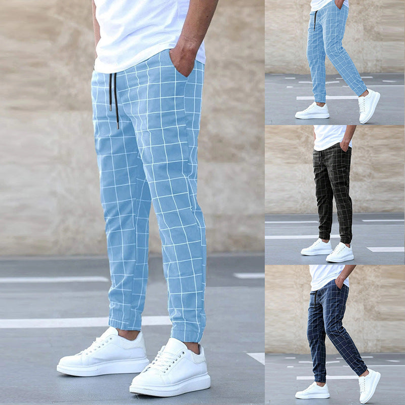 Men's Plaid Print Casual Drawstring Trouser Pants