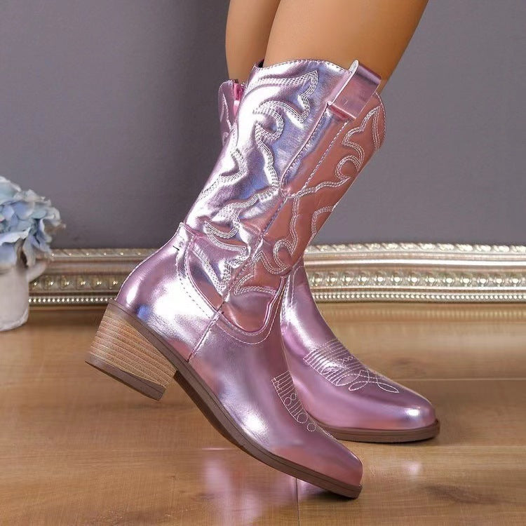 Western Solid Color Chunky Heel Pointed Toe Cowgirl Rodeo Boots